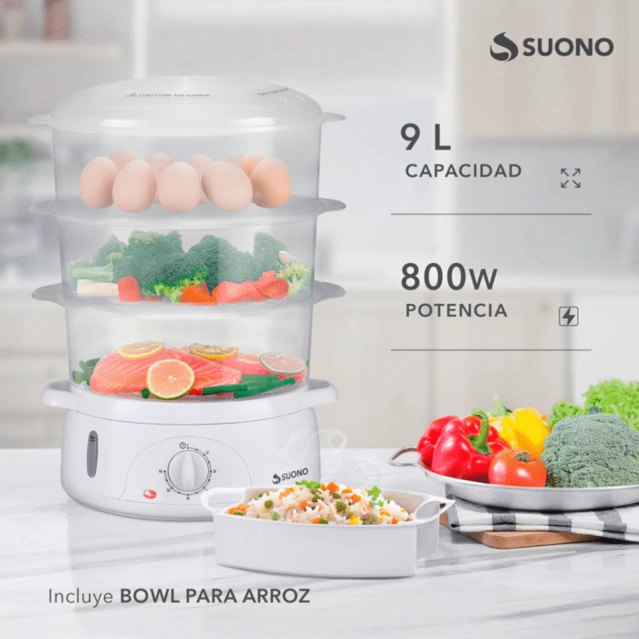 Vaporera Eléctrica de Alimentos Suono 3 Bandejas 9L Color Blanco