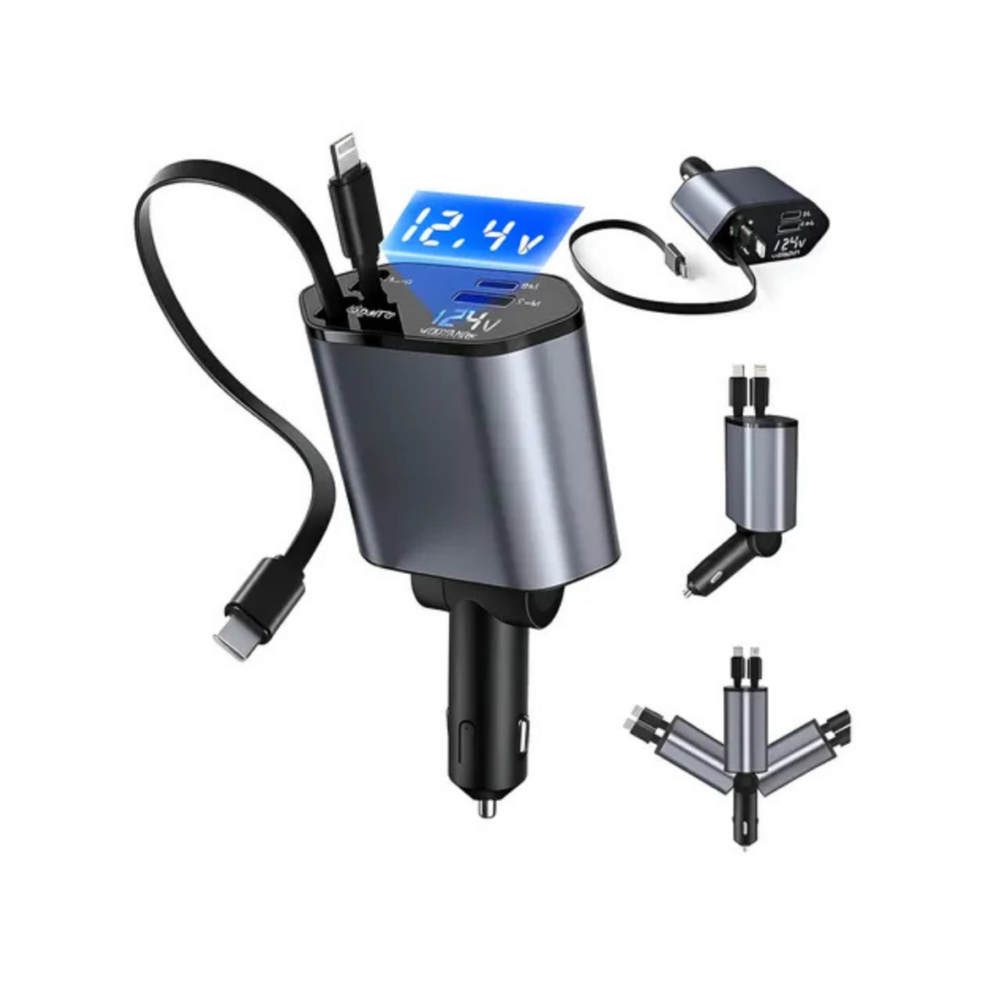 Diseño sin título (35) Cargador Rápido para Auto 120W 4 en 1 Retráctil USB-C Negro