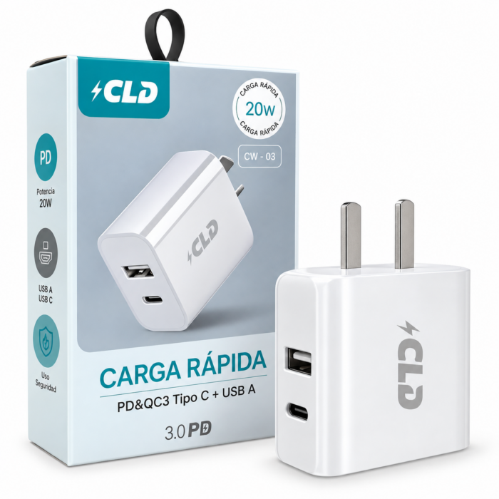354d3c41-f56e-462f-82c9-2b49153a014b Cargador CLD 20W Doble Entrada USB-C + USB-A